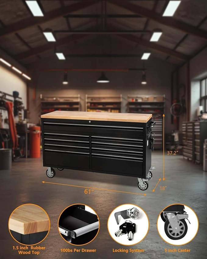 61 Inch Tool Chest, Tool Box Mobile Workbench, 9 Drawers Storage Lockable Rolling Metal Storage Cabinet with 4 Wheels for Garage Workshops Warehouse, Black