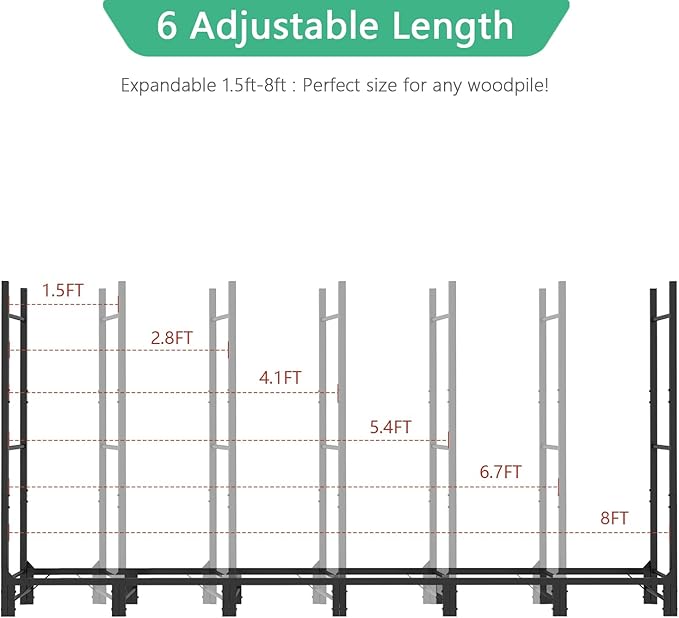 Helios&Hestia 8Ft Outdoor Firewood Rack for Fireplace, Heavy Duty Steel Log Holder, Indoor Wood Pile Storage Organizer, Adjustable Stacker Stand, Black