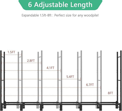 Helios&Hestia 8Ft Outdoor Firewood Rack for Fireplace, Heavy Duty Steel Log Holder, Indoor Wood Pile Storage Organizer, Adjustable Stacker Stand, Black