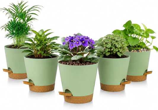 5 Pack 5 Inch African Violet Pots Self Watering, Self-Watering Planters with Drainage Holes & Reservoir, Green Brown Plastic Pots for Indoor Outdoor Plants, Succulents & Flowers