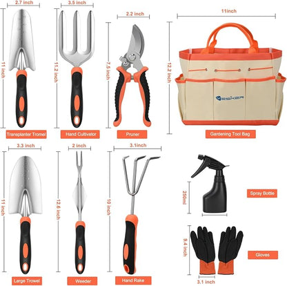 Yesker Gardening Tools 9-Piece Heavy Duty Garden Tool Set Gardening Supplies Gifts for Women Men Gardening Hand Tool Kit with Non-Slip Ergonomic Handle, Garden Bag, Durable Gloves and Shears, Orange