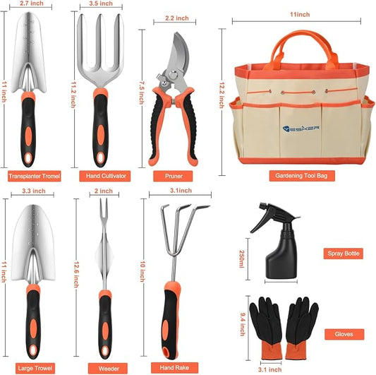 Yesker Gardening Tools 9-Piece Heavy Duty Garden Tool Set Gardening Supplies Gifts for Women Men Gardening Hand Tool Kit with Non-Slip Ergonomic Handle, Garden Bag, Durable Gloves and Shears, Orange