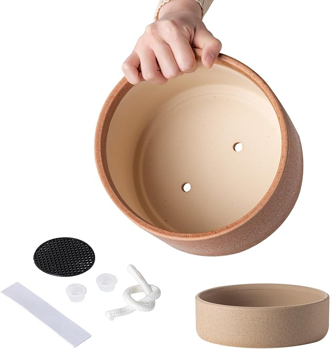 8 Inch Ceramic Self Watering Planter with Drainage Hole Terracotta | Indoor Plant Pot with Water Storage Plus - for African Violet, Herbs & Pothos - Home & Office Decor, Cylinder Round