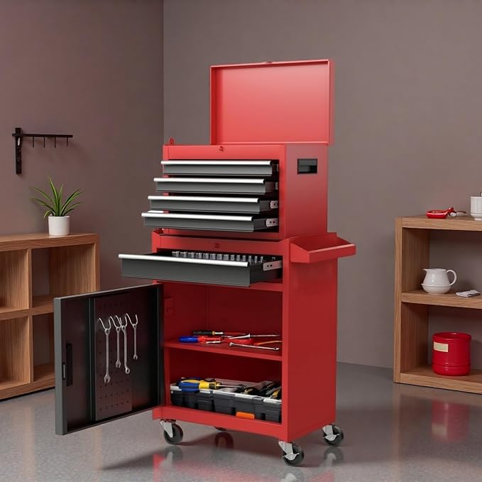 Tool Chest, 5-Drawers Rolling Tool Storage Cabinet with Lockable Wheels, Detachable Top, Adjustable Shelf & Locking Mechanism, Multifunctional Tool Cart for Garage Warehouse, Red