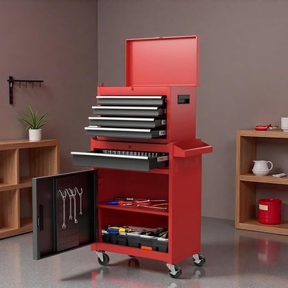 Tool Chest, 5-Drawers Rolling Tool Storage Cabinet with Lockable Wheels, Detachable Top, Adjustable Shelf & Locking Mechanism, Multifunctional Tool Cart for Garage Warehouse, Red