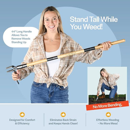 WilFiks Weed Puller Tool, Stand Up Heavy Duty Weed Remover Tool with Long Handle, Foot Platform Design - 4 Claw Steel Head Weeder Tool, Bamboo Garden Hand Weeding Tool