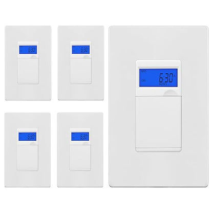 Enerlites 7 Days Digital in-Wall Programmable Timer Switch for Lights, Fans, with Blue Backlight, HET01, White, 5-Pack
