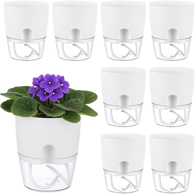 Planterhoma 8 Pack Self Watering Pots for Indoor Plants, 4 Inch Plant Pot Plastic Self Watering Planter for Orchid, African Violet, Small Clear Flower Pots with Drainage Holes and Wicking Rope, White