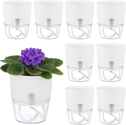 Planterhoma 8 Pack Self Watering Pots for Indoor Plants, 4 Inch Plant Pot Plastic Self Watering Planter for Orchid, African Violet, Small Clear Flower Pots with Drainage Holes and Wicking Rope, White