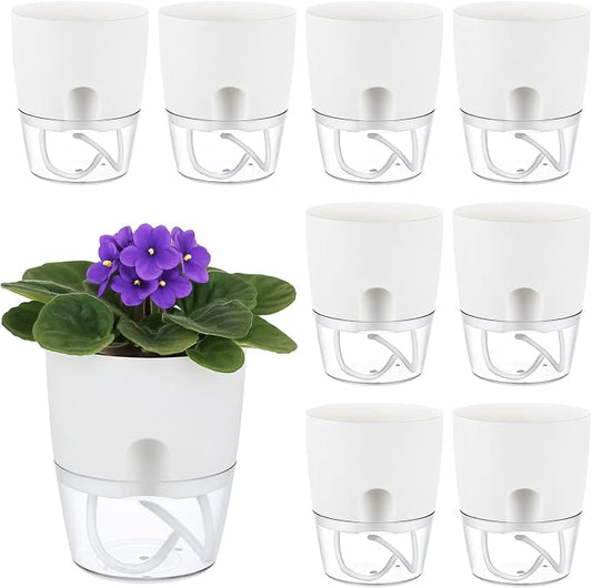 Planterhoma 8 Pack Self Watering Pots for Indoor Plants, 4 Inch Plant Pot Plastic Self Watering Planter for Orchid, African Violet, Small Clear Flower Pots with Drainage Holes and Wicking Rope, White