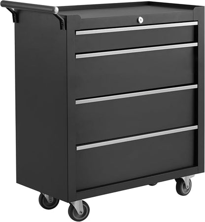 Rolling Tool Chest with Wheels, 4 Drawer Tool Storage Cabinet, Portable Toolbox Organizer with Lock, Heavy Duty Tool Chest Cart for Garage, Mechanic, Workshop, Shop, Mobile Tool Organizer, Black