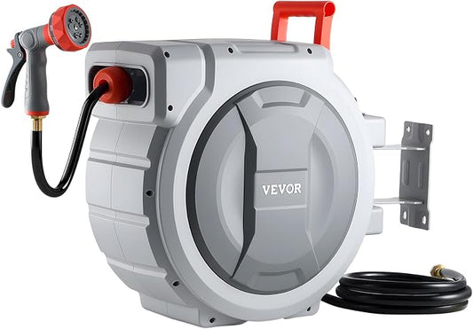 VEVOR Retractable Garden Hose Reel, 1/2 in x 130 ft, Wall Mounted Hose Reel with 9-Function Sprayer Nozzle and 180° Swivel Bracket, Any Length Lock, Automatic Slow Rewind System, for Garden Watering