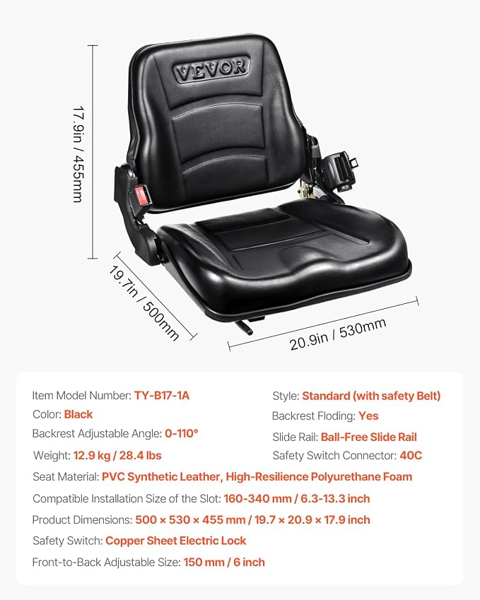 VEVOR Universal Forklift Seat, Tractor Seat with Adjustable Backrest & Safety Belt, Secure Micro Switch Design, Wear-Resistant PVC Mower Seat for Tractor Excavator, Skid Loader