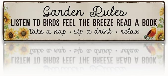 Garden Metal Tin Sign, Vintage Farmhouse Decor, Garden Rules Floral Wall Art, for Yard Fence Door Porch, Rustic Indoor Outdoor Gardens Decoration, 15.7 x 3.9 Inches