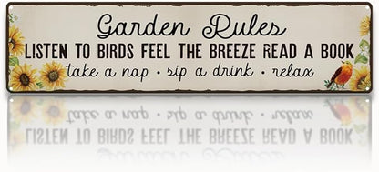 Garden Metal Tin Sign, Vintage Farmhouse Decor, Garden Rules Floral Wall Art, for Yard Fence Door Porch, Rustic Indoor Outdoor Gardens Decoration, 15.7 x 3.9 Inches
