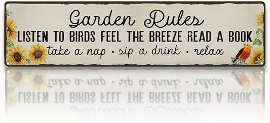 Garden Metal Tin Sign, Vintage Farmhouse Decor, Garden Rules Floral Wall Art, for Yard Fence Door Porch, Rustic Indoor Outdoor Gardens Decoration, 15.7 x 3.9 Inches