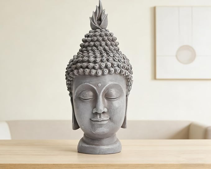 Buddha Head Statue Zen Meditation Decoration, 11 inch Resin Stone Gray Buddha Head Statue for Buddhist Spiritual Altar Decoration Buddhism Gifts