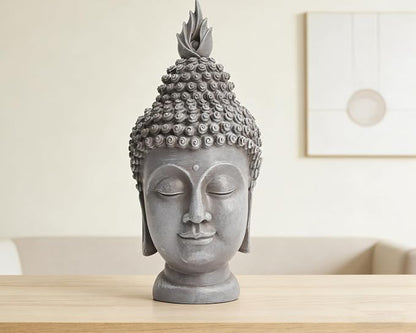Buddha Head Statue Zen Meditation Decoration, 11 inch Resin Stone Gray Buddha Head Statue for Buddhist Spiritual Altar Decoration Buddhism Gifts