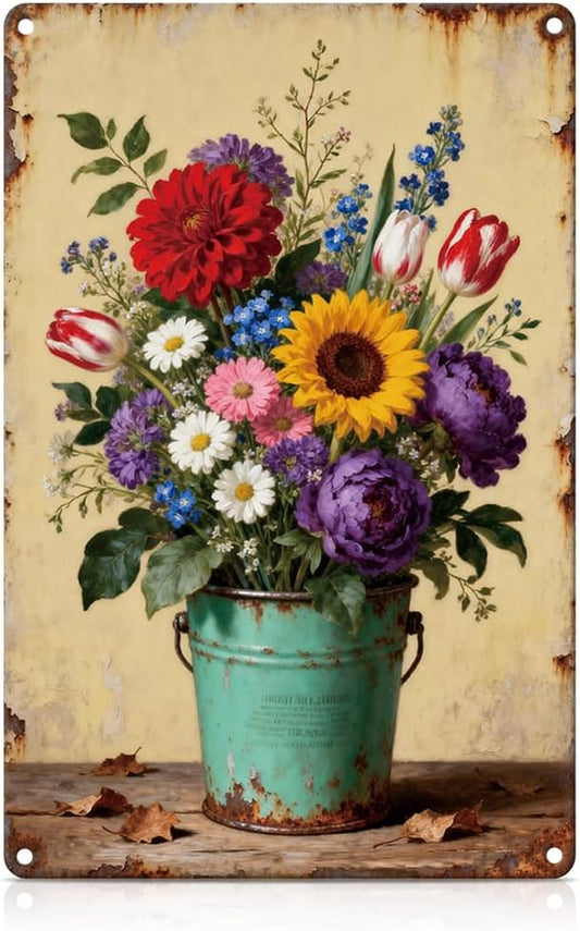 Vintage Spring Flower Bunch Metal Tin Sign Botanical Theme Wall Art for Garden Home Wall Decor