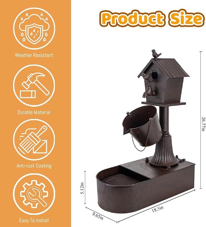 Metal Outdoor Garden Fountain 27" Soothing Water Flow | Rustproof Garden Water Features with Pumb & Debris Filter Screen, Heavy Duty Birdhouse Waterfall for Outside Patio Yard Porch