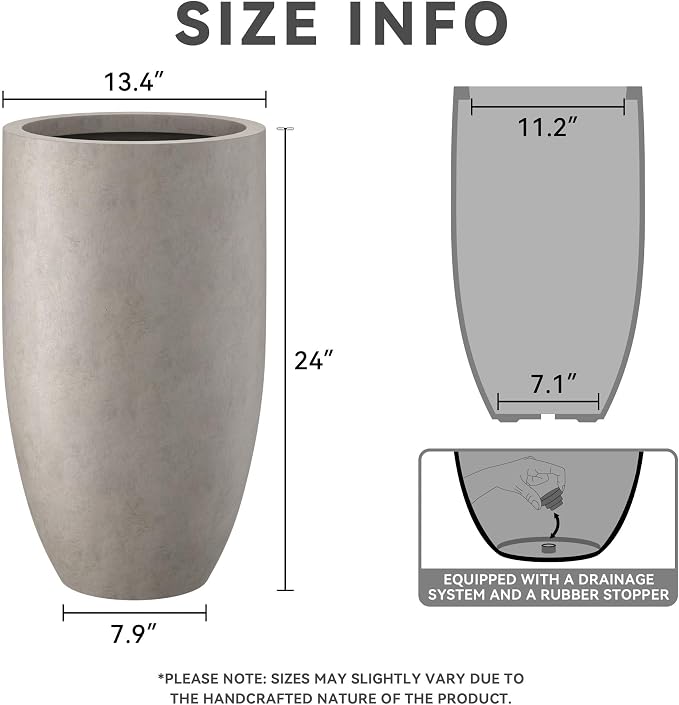 Kante 24" Tall Round Concrete Planter, 2 Pack Large Oval Plant Pots with Drainage Hole & Rubber Plug, Lightweight Weathered Concrete for Home Decor, Symmetrical Gift for Living Room Patio