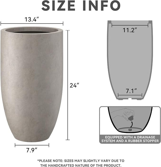 Kante 24" Tall Round Concrete Planter, 2 Pack Large Oval Plant Pots with Drainage Hole & Rubber Plug, Lightweight Weathered Concrete for Home Decor, Symmetrical Gift for Living Room Patio