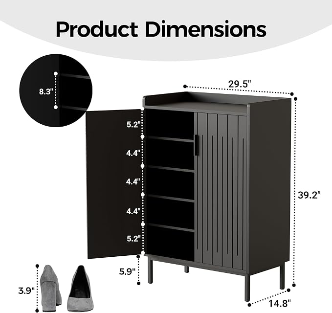 Mericonia Modern Shoe Cabinet with Metal Legs, Farmhouse Large 5-Tier Shoe Storage Cabinet with Doors, Wooden Shoe Organizer for Entryway, Hallway, Bedroom, Living Room (Modern Shoe Cabinet, Black)