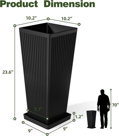 Tall Black Planters Outdoor Set of 2-24" Modern Tapered Plastic Planters for Outdoor Plants with Drainage Holes/Partition/Tray, Large Indoor Planter for Porch Patio Garden Front Porch