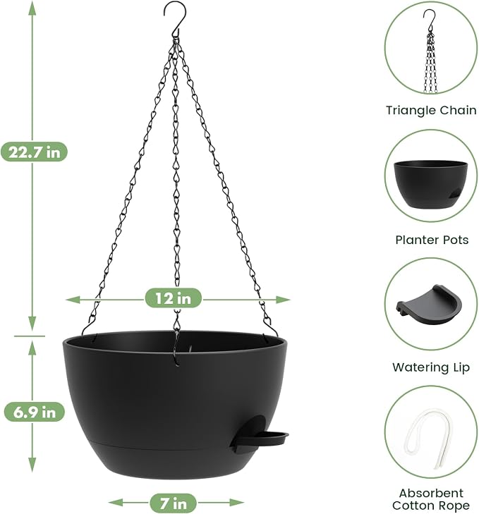 2 Pack 12 Hanging Flower Pots with Chains Self Watering Plastic Planters for Indoor Outdoor Plants, Sturdy Triangular Iron Chain Design for Garden PorchPlastic Hanging Flower pots (2, Black)