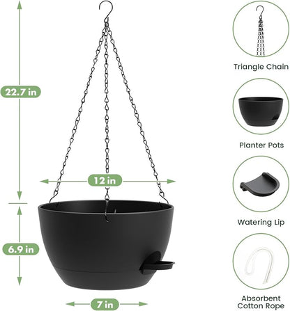 2 Pack 12 Hanging Flower Pots with Chains Self Watering Plastic Planters for Indoor Outdoor Plants, Sturdy Triangular Iron Chain Design for Garden PorchPlastic Hanging Flower pots (2, Black)
