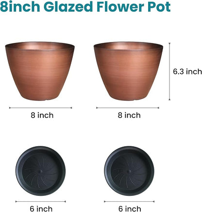 Vanslogreen 2 Pack Plastic Plant Pots with Drainage Holes, 8 inch Planter for Indoor Outdoor Plant, Garden Flower Pots for Aloe, Herbs, Cactus (Brushed Copper, 2pcs)