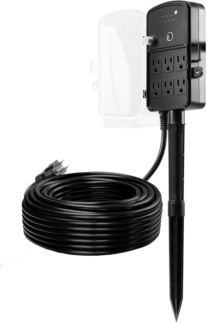 VEVOR Outdoor Power Stake Timer, 100FT Extension Cord, Remote Control Outdoor Power Strip with Cover, Dusk to Dawn Light Timer Waterproof, 6 Outlets for Halloween Christmas Lights, Garden Decorations