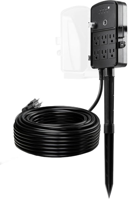VEVOR Outdoor Power Stake Timer, 100FT Extension Cord, Remote Control Outdoor Power Strip with Cover, Dusk to Dawn Light Timer Waterproof, 6 Outlets for Halloween Christmas Lights, Garden Decorations