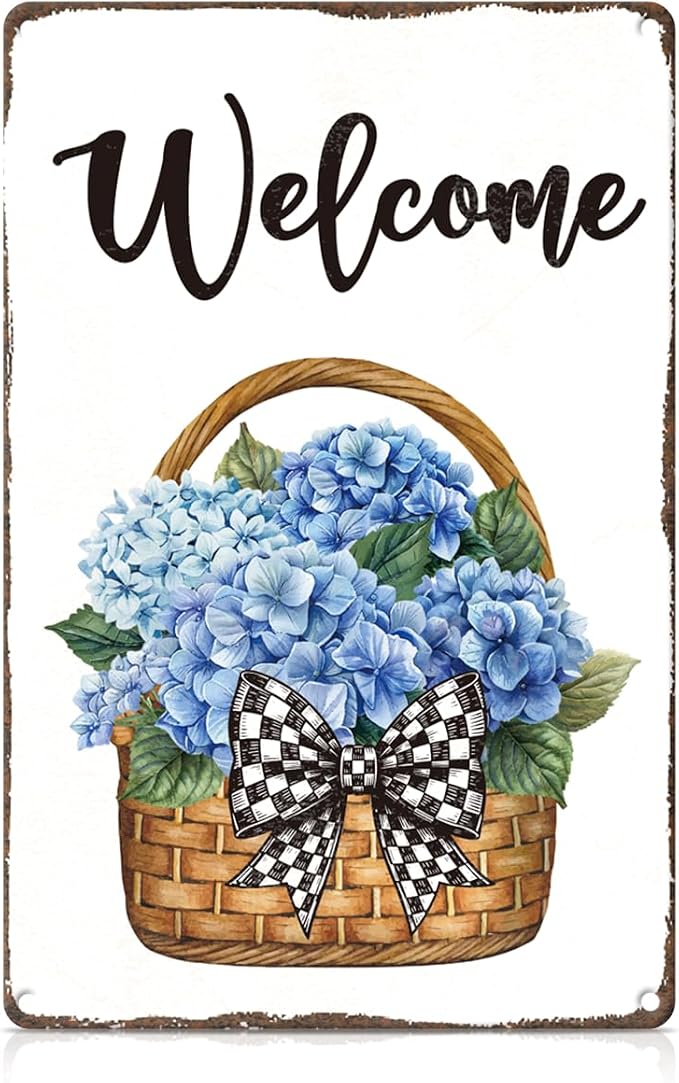 Blue Hydrangea Welcome Metal Tin, Welcome Sign | Spring Summer Wall Art for Outside Porch Garden Yard Patio Wall Decor