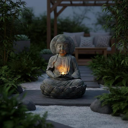 Teamson Home Buddha Zen Statue Water Fountain, Stone Gray | LED Light, Pump Included, Outdoor Patio Garden Backyard Decking, 28 Inch Height