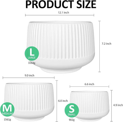 OXART Ceramic Plant Pot, 12+9+6.6 inch Large Plant Pot with Drainage, 3 Piece Planters for Indoor Plants, Modern Decor Home Office Garden Flower Pots for Indoor Outdoor Plant Set, White