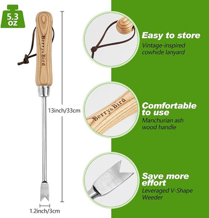 Berry&Bird Dandelion Weeding Tool, Crack Weeder Hand Weeder Puller Tool | V-Shaped Weed Fork for Planting & Weeding, Weed Puller Tool with Wood Handle, Stainless Steel Garden Tool for Patio Lawn Yard