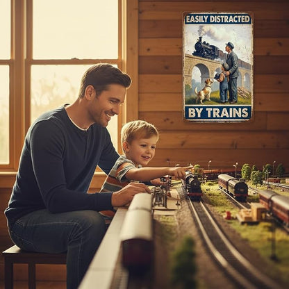 Easily Distracted by Trains Tin Sign – Train Decor for Boys Room and Men – Vintage Train Wall Decor for Train Room or Man Cave – 8x12 Inch Metal Sign