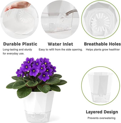 6 Pack Self Watering Plant Pots 6 Inches Self-Watering Planters for Indoor and Outdoor Plants African Violet Succulent Pots Clear Pot for Plants Large Herb Orchid Flower Houseplant Plant, White