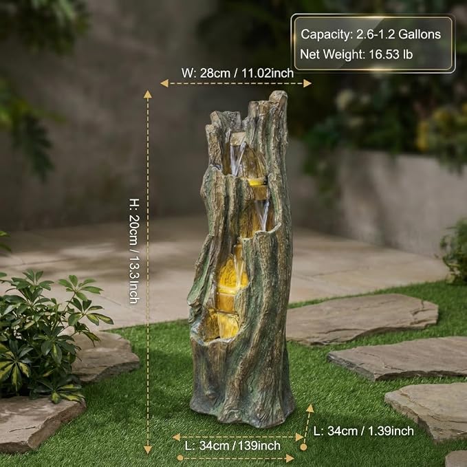 Outdoor Waterfall Fountain with LED Lights, Freestanding Tree Design Garden Water Feature, Fiberglass Resin Construction, Easy Setup for Patio Backyard Lawn Porch