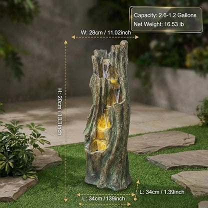 Outdoor Waterfall Fountain with LED Lights, Freestanding Tree Design Garden Water Feature, Fiberglass Resin Construction, Easy Setup for Patio Backyard Lawn Porch