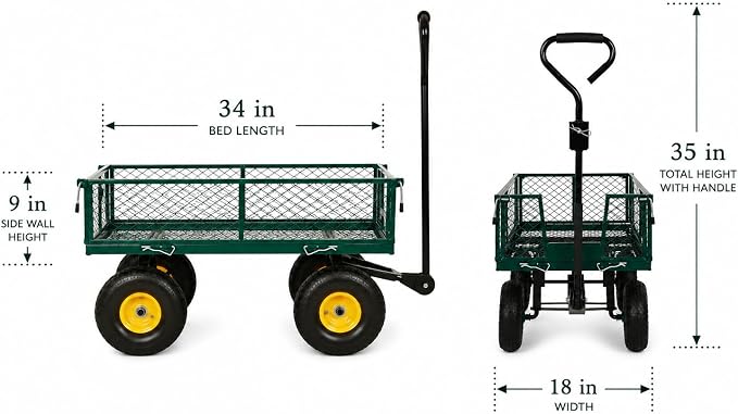 Backyard Expressions Heavy Duty Garden Cart 400 lb Utility Wagon Cart with Removable Mesh Sides, Powder-Coated Steel Bed, Pneumatic Tires, Pull Handle Yard Cart