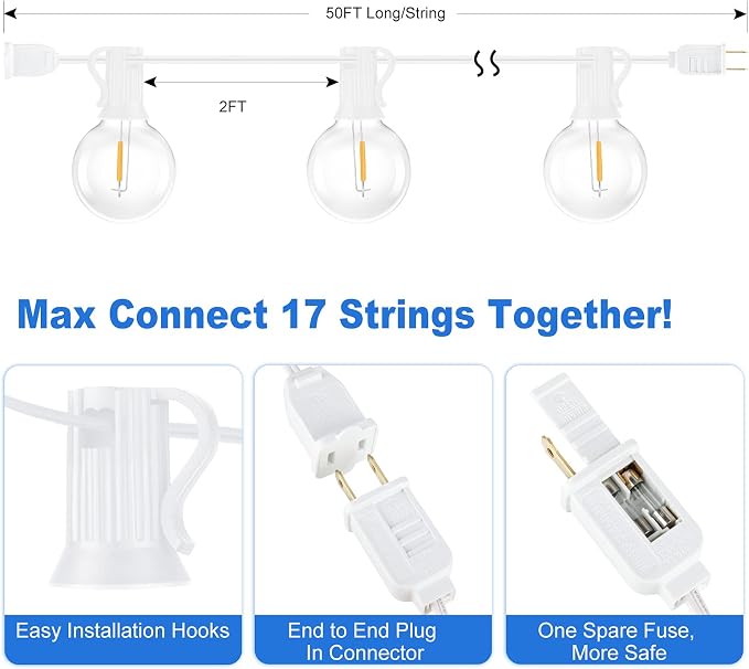 100ft Outdoor G40 LED Globe String Lights Dimmable Shatterproof Waterproof Light Strings with 52 Bulbs Connectable Commercial Hanging Lights for Patio Balcony Backyard Party (White Wire, 2-Pack)