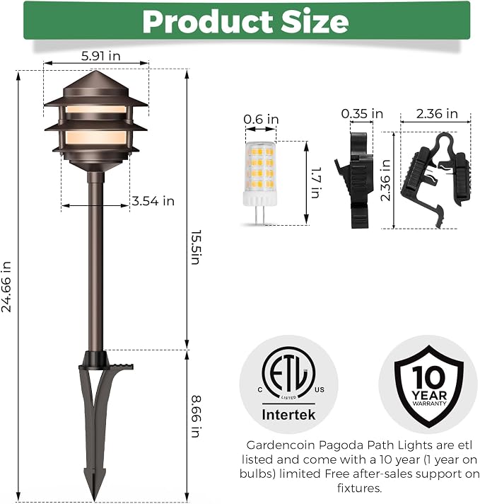 Gardencoin Pagoda Low Voltage Landscape Pathway Lights, 12V Outdoor LED Path Lights Wired, Aluminum Walkway Lighting with 4W 2700K Replaceable G4 Bulb, Bronze Classic 3-Tier Lantern, 12 Pack