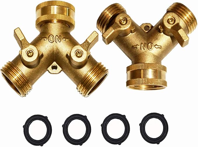 HQMPC 2 Way Hose Y Valve Hose Splitter Garden Hose Y Valve Connectors 2 way shut off valves With Solid Brass Handle Brass Y Valves Water Garden Hose Adapter 3/4"GHT Thread Extra 4 Presure washers
