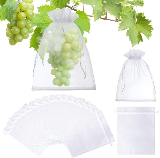 50 Pcs Fruit Protection Bags, 6x9 White Fruit Netting Bags for Fruit Trees Fruit Cover Mesh Bag with Drawstring, Netting Barrier Bags for Grapes Mango Fruit Trees Veggies Garden