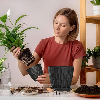 7 Inch Plant Pots 5 Pack, Flower Planters with Drainage Holes and Trays,Plastic Pots for Indoor Outdoor Plants,Black