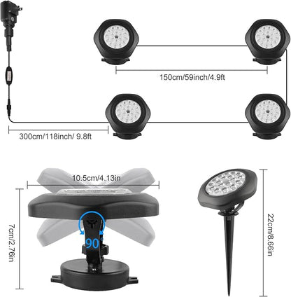 RGBW Pond Lights with Timer, 18 LED Super Bright Underwater Submersible Fountain Lights Color Changing Spotlights, Remote Control IP68 Waterproof for Fish Aquarium Tank Pool Garden(Set of 4)