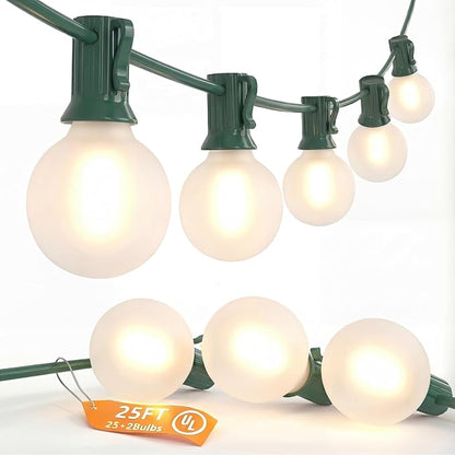 SUNSGNE 25Ft Globe Christmas Lights Outdoor, G40 LED Round Christmas Lights with 27 LED Frosted White Bulbs(2 Spare) for Yard Patio Garden Balcony Bistro Decor, Green Wire