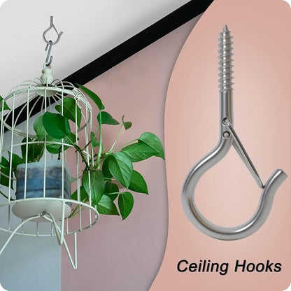 Black Screw Hooks with Safety Lock 2.3" Rustproof Metal Ceiling Hooks for Hanging Plants, Baskets,String Lights & Outdoor Decor, 40LB Capacity (40, Silver)